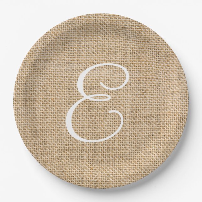Rustic Burlap Wedding Simple Monogram Paper Plate (Front)