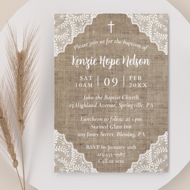 Rustic Burlap & White Lace Cross Baptism Invitation (Creator Uploaded)