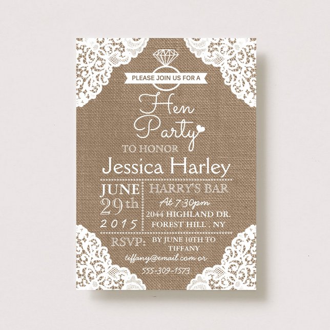 Rustic Burlap & White Lace Hen Party Invitation (Creator Uploaded)