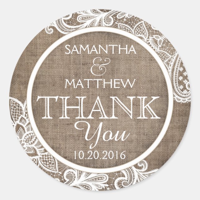 Rustic Burlap White Lace Thank You Label (Front)