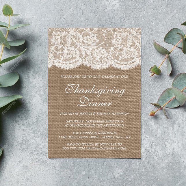 Rustic Burlap & White Lace Thanksgiving Dinner Invitation (Creator Uploaded)