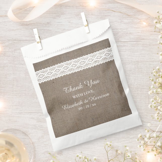 Rustic Burlap & White Lace Wedding Thank You Favour Bags (Clipped)