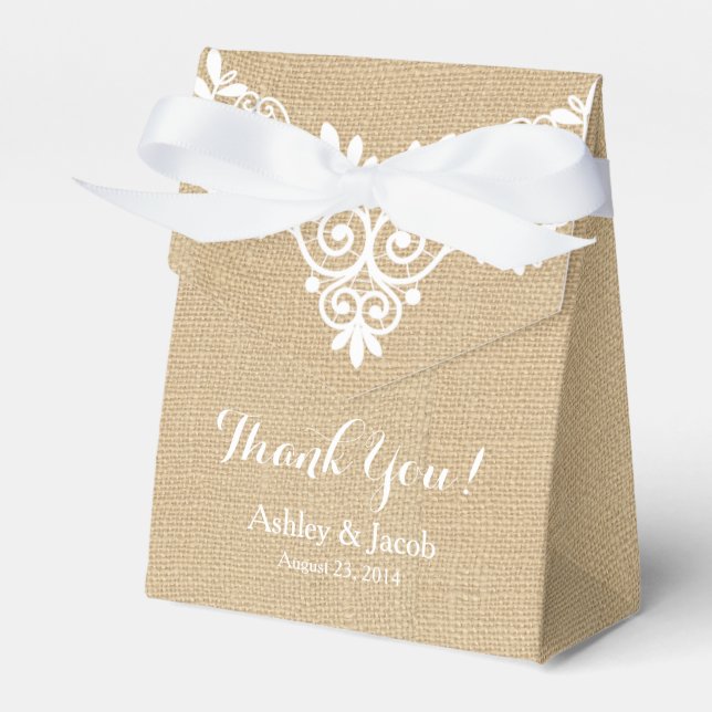Rustic Burlap White Lace Wedding Thank You Favour Box (Front Side)