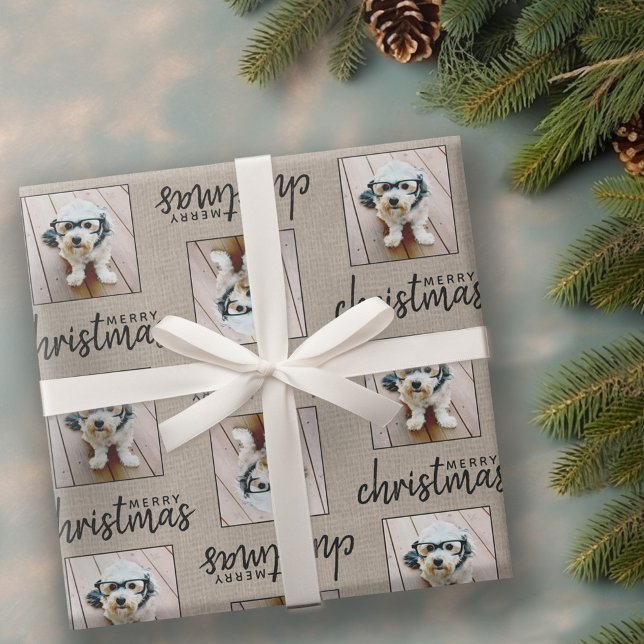 Rustic Burlap with one square photo Wrapping Paper (Personalized Wrapping paper - 1 Photo)