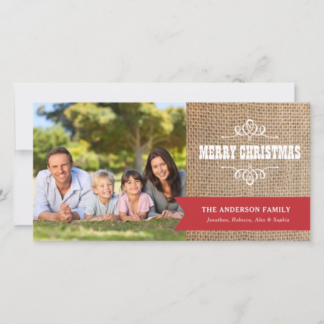 Rustic Burlap with Red Banner Photo Christmas Holiday Card (Front)