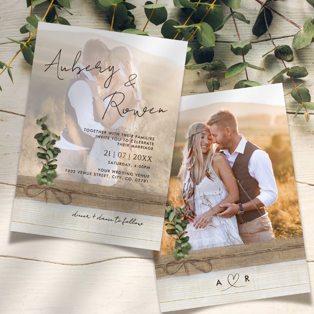 Rustic Burlap Wood Eucalyptus Boho Photo Wedding Invitation (Creator Uploaded)