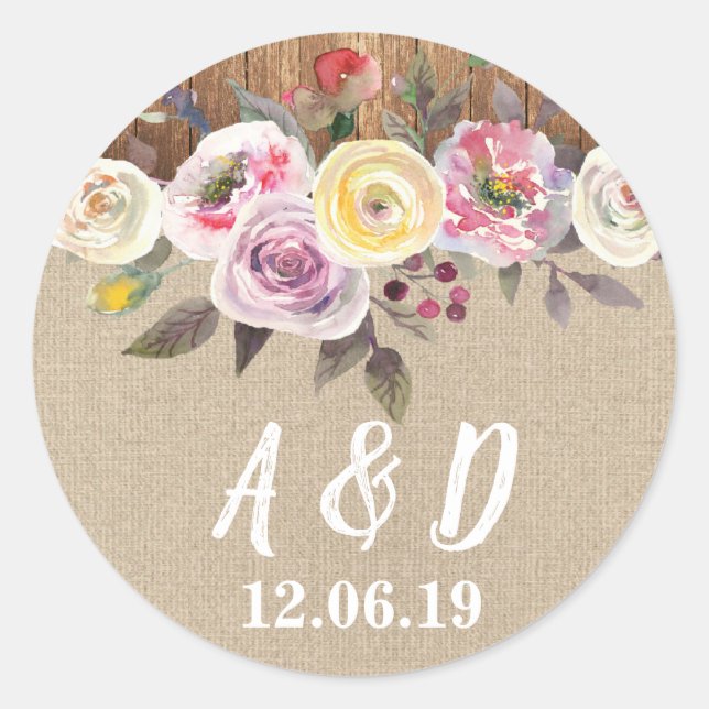 Rustic Burlap Wood Floral Wedding Stickers Labels (Front)