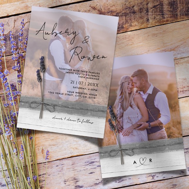 Rustic Burlap Wood Lavender Boho Photo Wedding Invitation (Creator Uploaded)