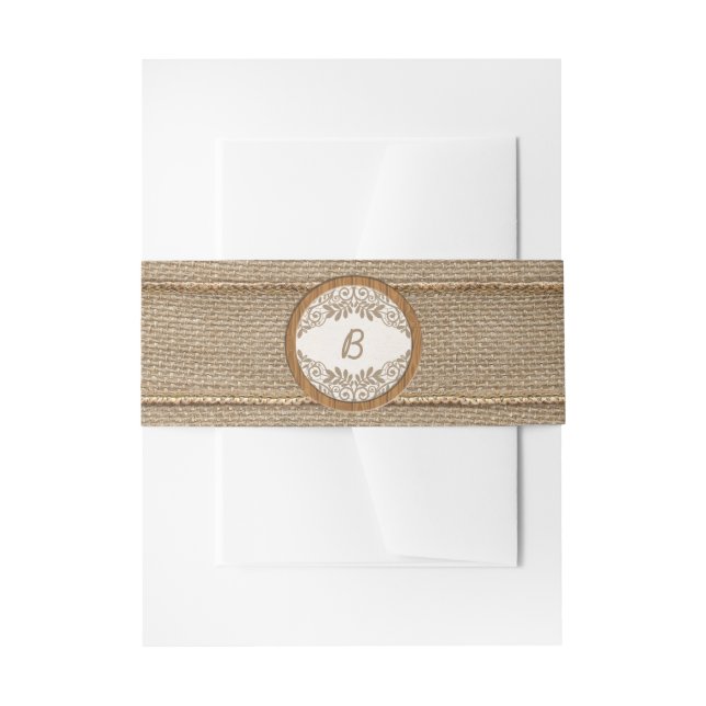 Rustic Burlap Wood Monogram Wedding Belly Band Invitation Belly Band (Front Example)