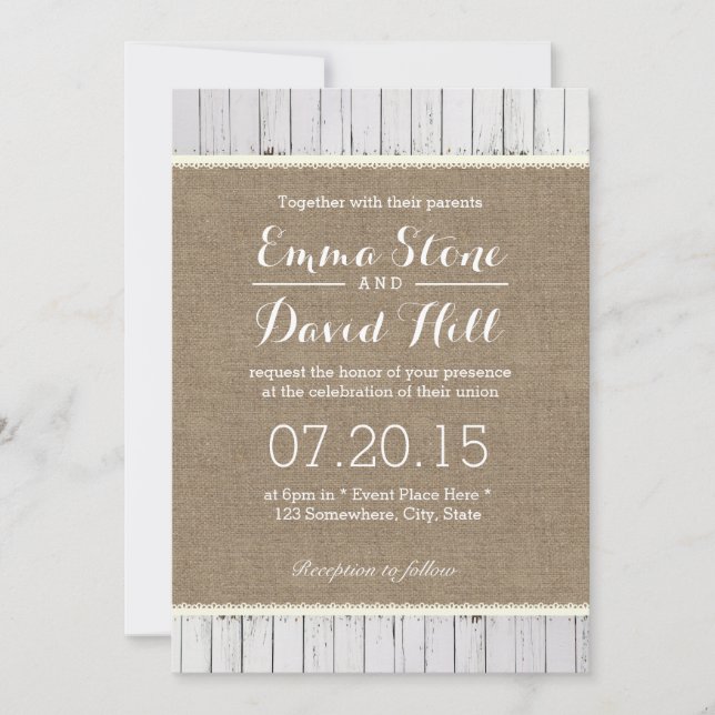 Rustic Burlap & Wood Stripes Wedding Invitations (Front)