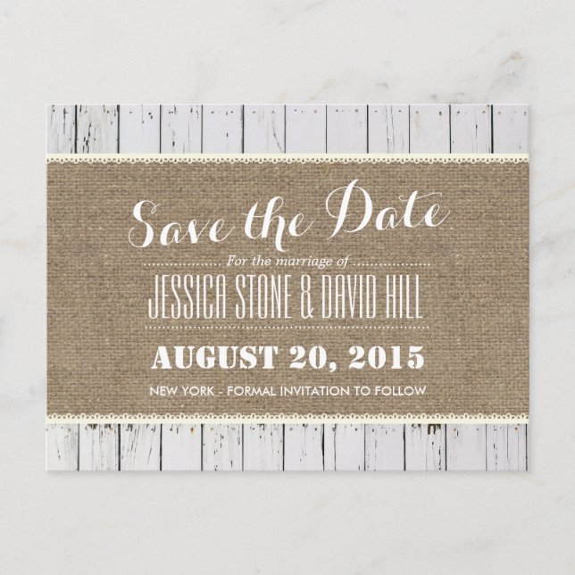 Rustic Burlap & Wood Stripes Wedding Save the Date Announcement Postcard (Front)