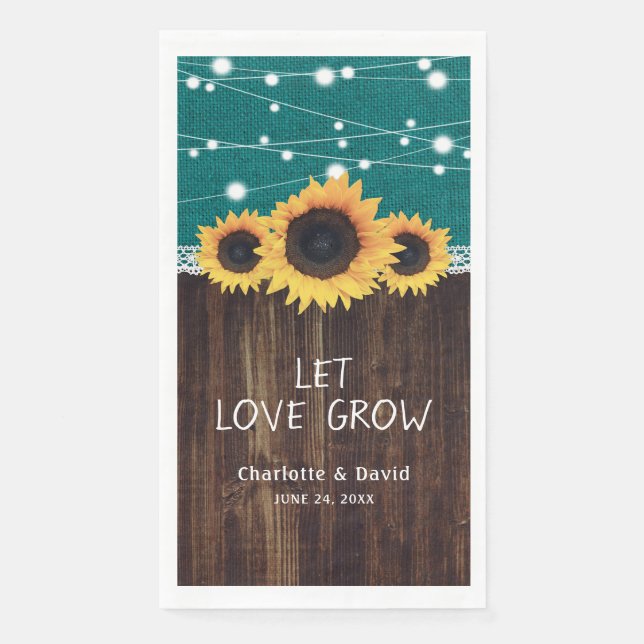 Rustic Burlap Wood Sunflower Teal Wedding Napkins (Front)