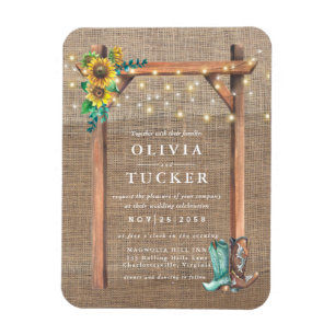 Rustic Burlap Wood Sunflower Wedding Invite Magnet