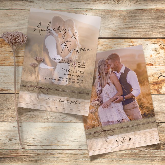 Rustic Burlap Wood Wildflower Boho Photo Wedding Invitation (Creator Uploaded)