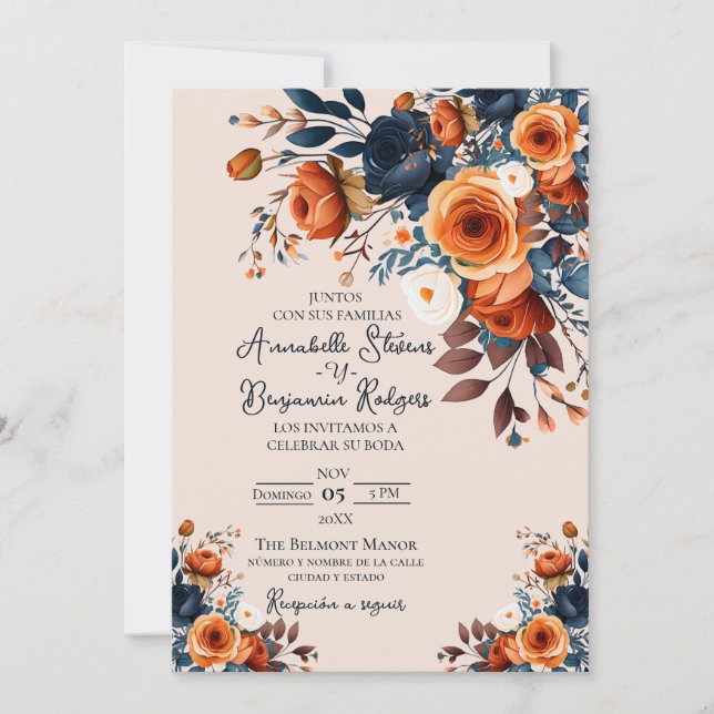 Rustic Burnt Orange and Blue Spanish Wedding  Invitation (Front)