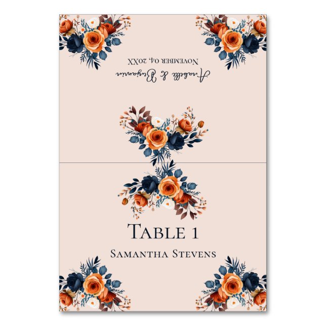 Rustic Burnt Orange and Blue Wedding Escort Table Number (Front)