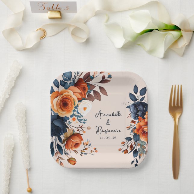 Rustic Burnt Orange and Blue Wedding  Paper Plate (Wedding)