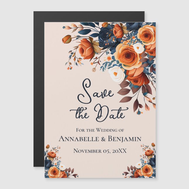 Rustic Burnt Orange and Blue Wedding Save the Date Magnetic Invitation (Front/Back)