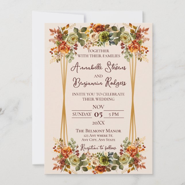 Rustic Burnt Orange and Moss Green Roses Wedding Invitation (Front)