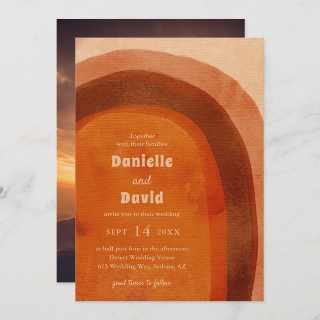 Rustic Burnt Orange Arch Photo Modern Wedding Invitation (Front/Back)