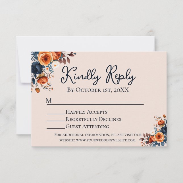 Rustic Burnt Orange + Blue Wedding RSVP Card (Front)