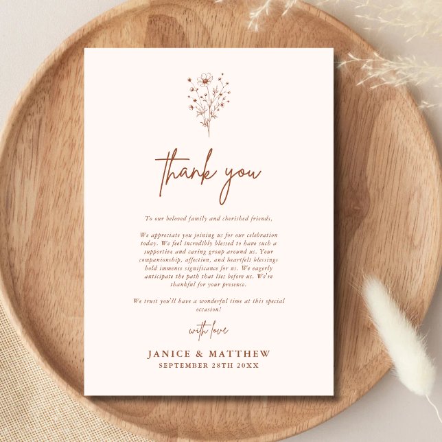 Rustic Burnt Orange Boho Botanicals Fall Wedding Thank You Card (Burnt orange boho thank you card adds warm charm and heartfelt gratitude to your fall wedding notes)