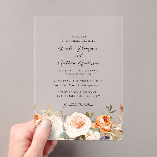 Rustic Burnt Orange Botanical Florals Wedding Acrylic Invitations