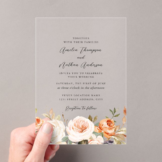 Rustic Burnt Orange Botanical Florals Wedding Acrylic Invitations (Insitu (Handheld))