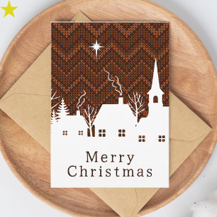 Rustic Burnt Orange Chevron Knit Christmas Village Card