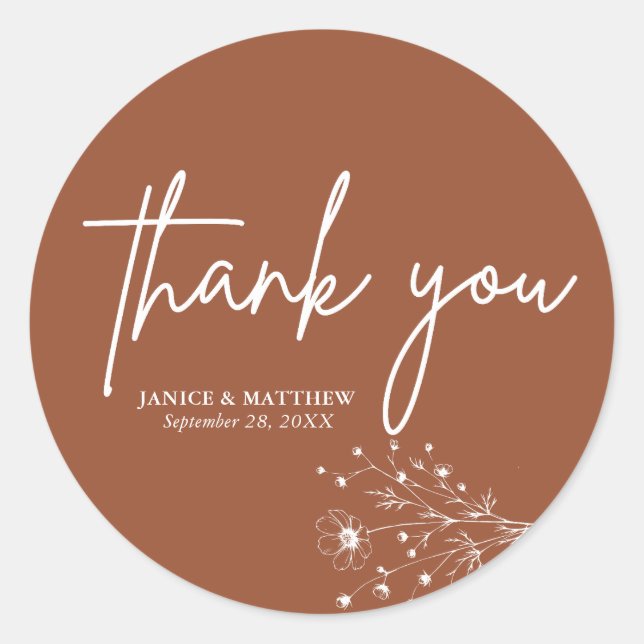 Rustic Burnt Orange Elegant Boho Thank You Wedding Classic Round Sticker (Front)
