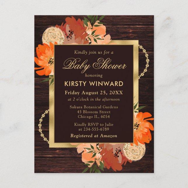 Rustic Burnt Orange Fall Flowers Baby Shower Postcard (Front)