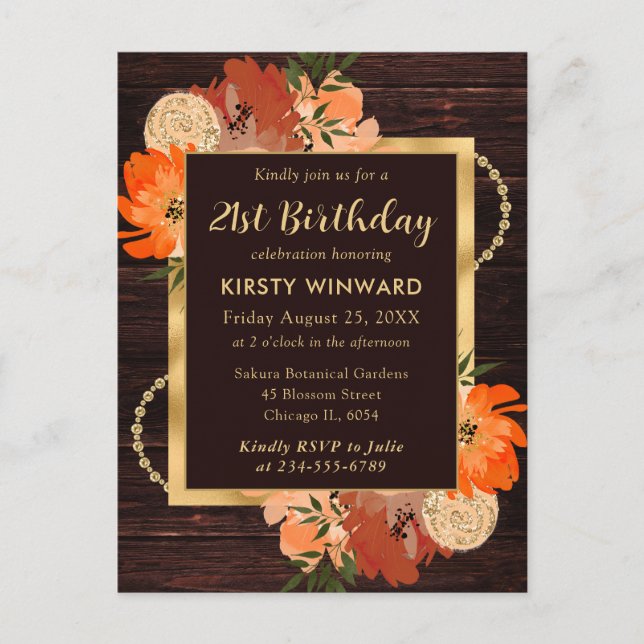 Rustic Burnt Orange Fall Flowers Birthday Postcard (Front)