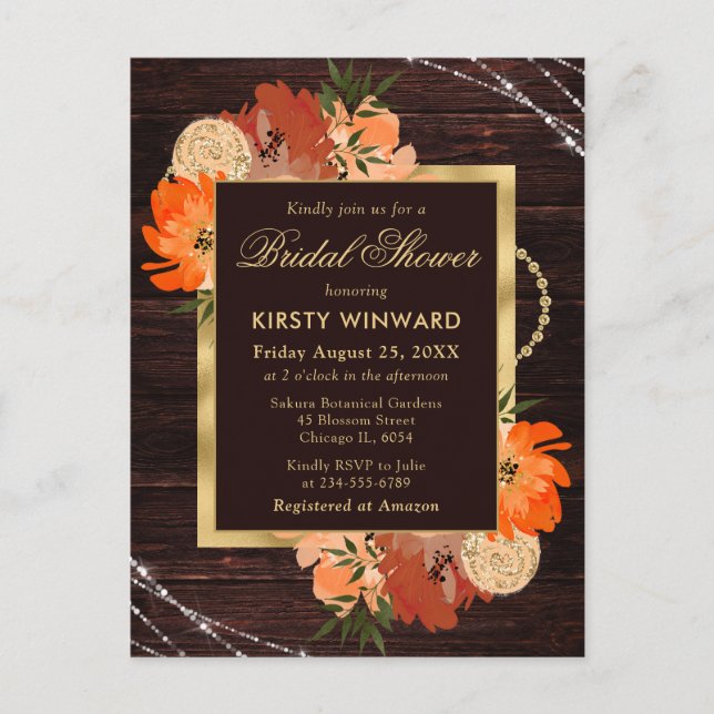 Rustic Burnt Orange Fall Flowers Bridal Shower Postcard (Front)