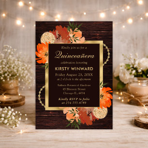 Rustic Burnt Orange Fall Flowers Quinceanera Invitation