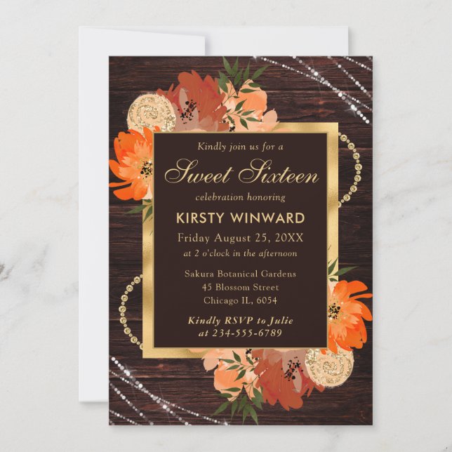 Rustic Burnt Orange Fall Flowers Sweet Sixteen Invitation (Front)