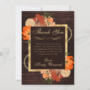 Rustic Burnt Orange Fall Flowers Sweet SIxteen Thank You Card