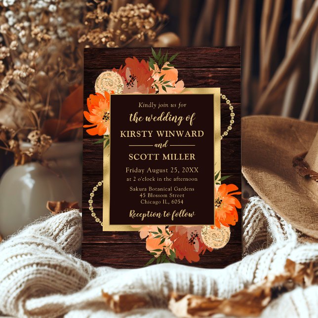 Rustic Burnt Orange Fall Flowers Wedding Invitation (Creator Uploaded)