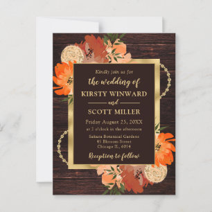 Rustic Burnt Orange Fall Flowers Wedding Postcard