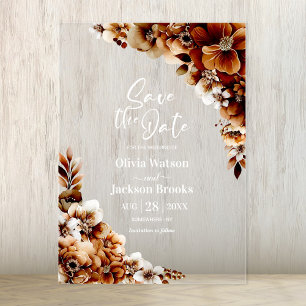 Rustic Burnt Orange Floral Wedding Save the Date Acrylic Invitations