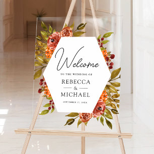 Rustic Burnt Orange Floral Wedding Welcome Acrylic Sign