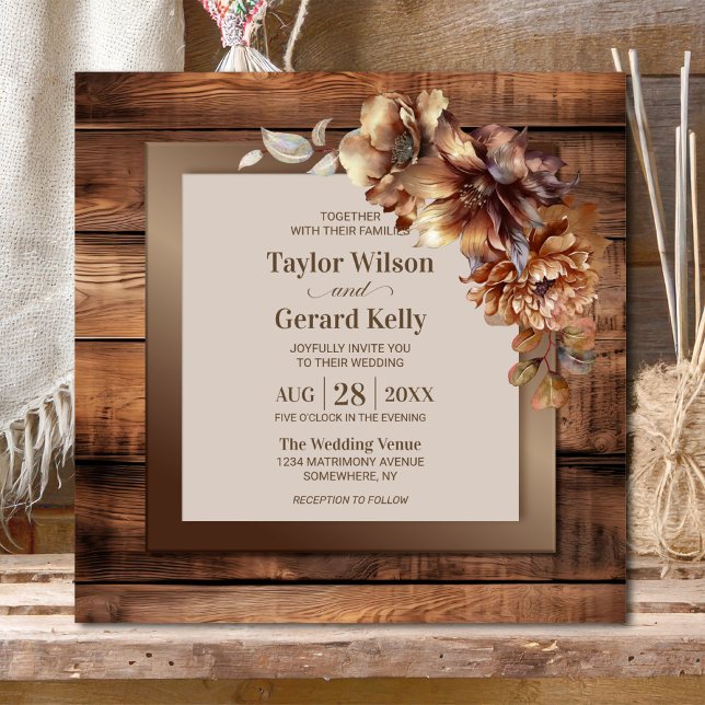 Rustic Burnt Orange Floral Wood Wedding Invitation (Creator Uploaded)