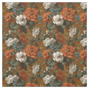 Rustic Burnt Orange Green Bold Botanical Floral Fabric