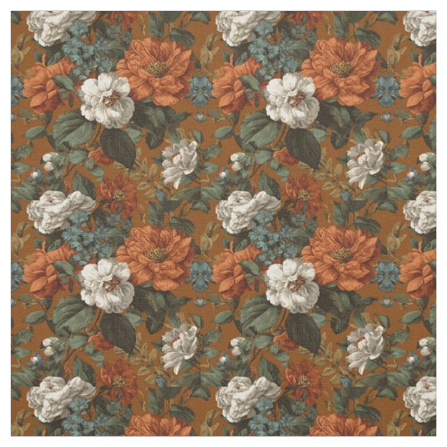 Rustic Burnt Orange Green Bold Botanical Floral Fabric (Swatch)