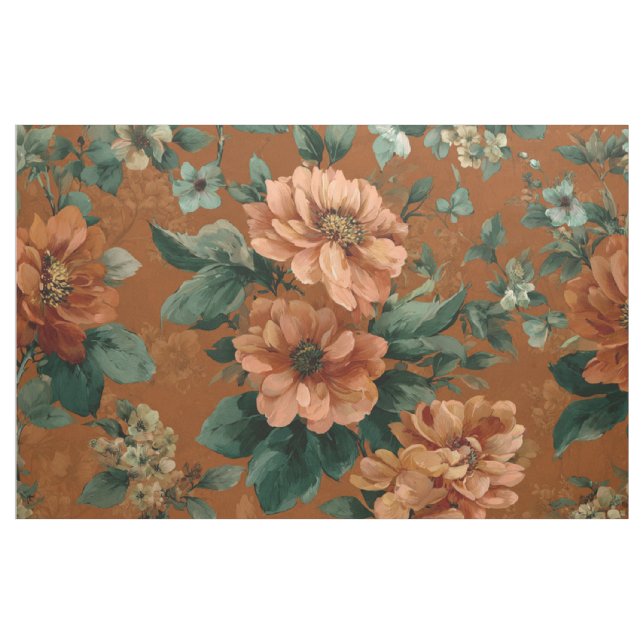 Rustic Burnt Orange Green Bold Botanical Floral Fabric (Yard)