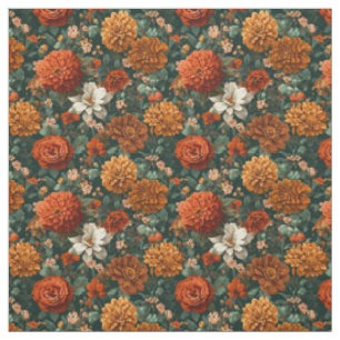 Rustic Burnt Orange Green Bold Botanical Floral Fabric