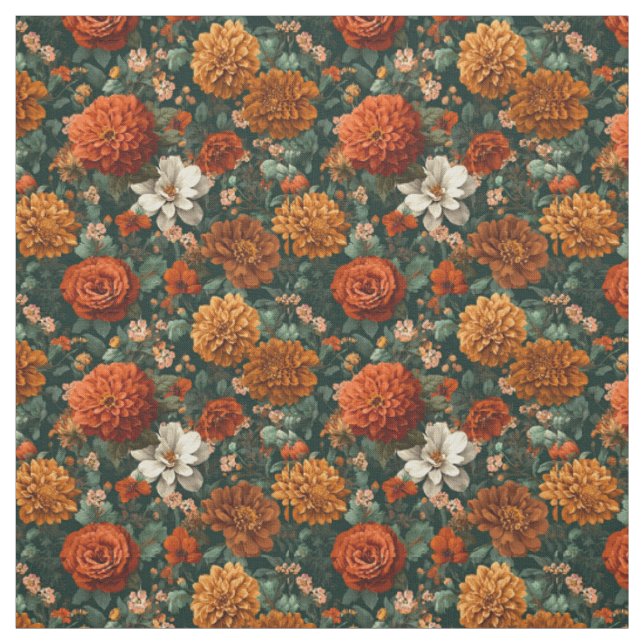 Rustic Burnt Orange Green Bold Botanical Floral Fabric (Swatch)