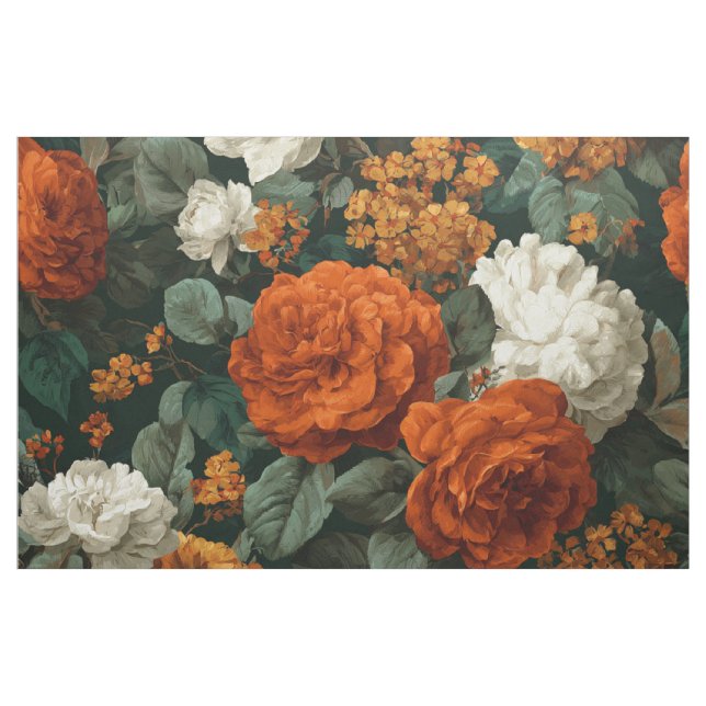 Rustic Burnt Orange Green Bold Botanical Floral Fabric (Yard)