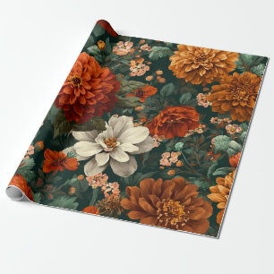 Rustic Burnt Orange Green Botanical Floral Bold Wrapping Paper