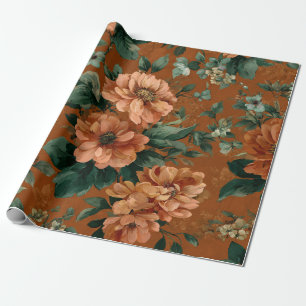 Rustic Burnt Orange Green Botanical Floral Bold Wrapping Paper