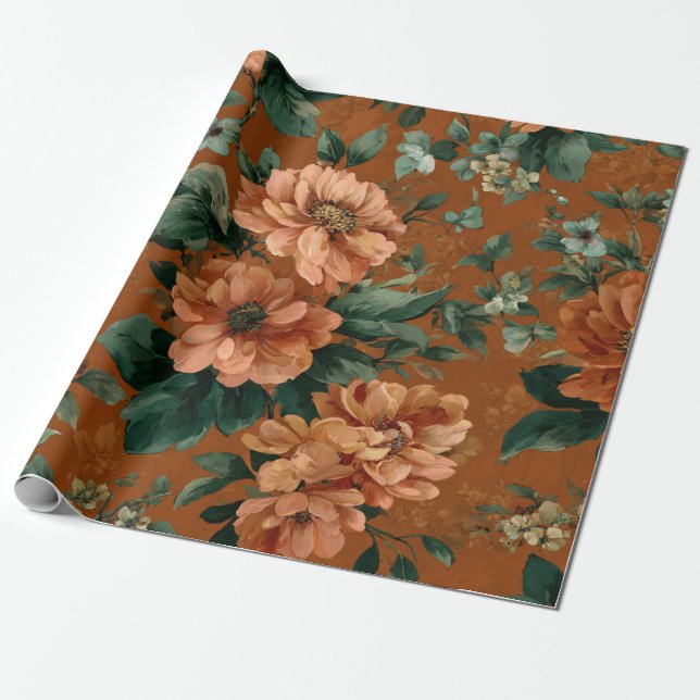 Rustic Burnt Orange Green Botanical Floral Bold Wrapping Paper (Unrolled)